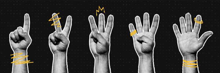 Halftone hands collection. Fingers pointing the numbers. Halftone hands show the counting from one to five. Stylish halftone collage design elements. Hand gestures in pop art style. Vector