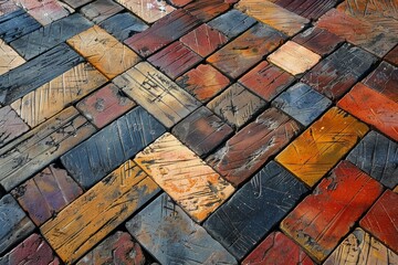 Poster - Colorful herringbone brick floor creating a vibrant pathway