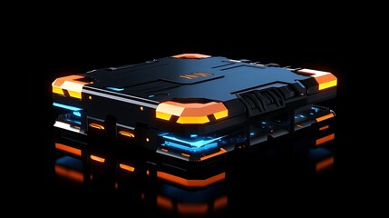 Poster - Dark box with blue and orange lights.