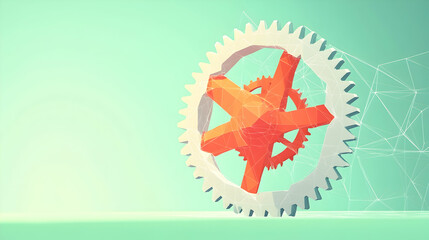 Wall Mural - Interlocking gears, low poly design, pastel background, network connections, business concept.