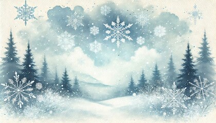 Aufkleber - A soft watercolor design of snowflakes gently falling over a serene winter landscape, with cool shades of blue and white, ideal for holiday marketing, winter events, or cozy seasonal greetings.