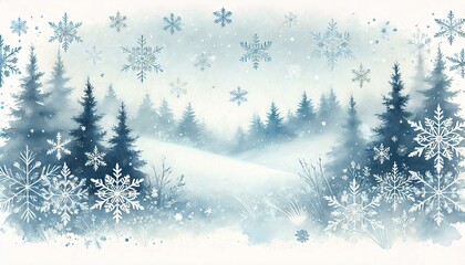 Aufkleber - A soft watercolor design of snowflakes gently falling over a serene winter landscape, with cool shades of blue and white, ideal for holiday marketing, winter events, or cozy seasonal greetings.
