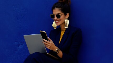 Wall Mural - Young Indian business woman manager ceo using cell phone mobile app laptop.      Smiling Latin Hispanic mature female businesswoman holding smartphone in office trading, reading, working online.