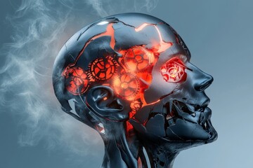 A haunting illustration of a cracked mechanical head with glowing red gears inside, surrounded by swirling mist and shadows