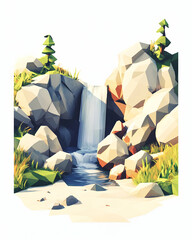 Low poly waterfall nature scene; tranquil mountain stream; website background.