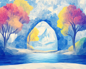 Low-poly autumnal archway landscape, mountain background, digital art, website banner.