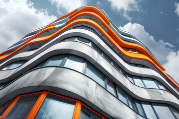 Poster - Modern building showing wavy concrete and orange facade under cloudy sky