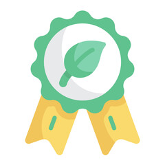 Eco-friendly award badge.  Green leaf on a white circle,  mint green scalloped border,  yellow ribbon.  Sustainable achievement symbol.
