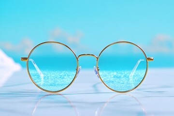 Poster - A minimalist pair of wireframe glasses on a clean marble surface, reflecting ambient light from a nearby window