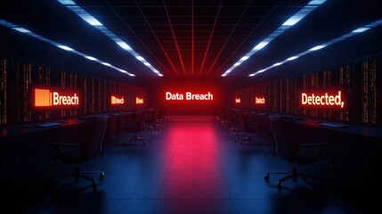 Poster - red alert room with darkened control screens indicating data breach detection