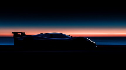Poster - Racecar silhouetted, sunset backdrop.