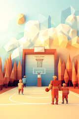 Poster - Low-poly family playing basketball on outdoor court, mountain backdrop, sports illustration.