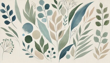 Fototapete - A minimalist watercolor pattern of abstract leaves and plants in soft shades of green, blue, and beige, designed for wellness, eco-friendly, or organic product branding, with a clean and calming.