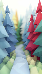 low-poly forest river scene, colorful trees, nature background, website design.