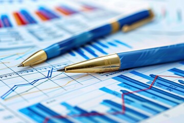 Poster - Two blue and gold pens pointing at increasing graph on business report