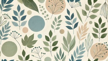 Fototapete - A minimalist watercolor pattern of abstract leaves and plants in soft shades of green, blue, and beige, designed for wellness, eco-friendly, or organic product branding, with a clean and calming.