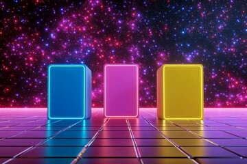 Poster - A pixel art depiction of geometric shapes forming a retro game landscape, with colorful blocks and glowing pixelated details
