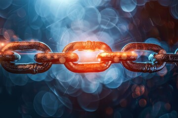 Fototapete - Glowing metal chain symbolizing strong connection on dark background
