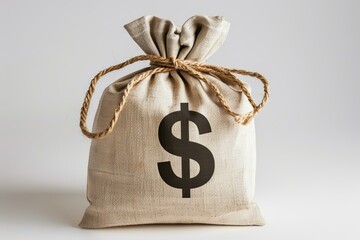 Poster - Full canvas money bag tied with rope showing dollar sign on white background