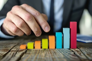 Poster - Businessman analyzing growing chart made of colorful wooden blocks