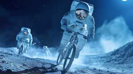 Wall Mural - astronauts cycling on the moon surface at night