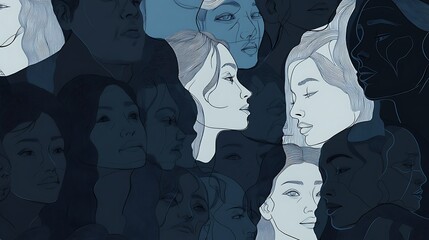 Poster - Many faces in monochrome illustration.