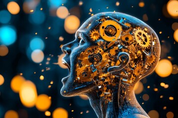 Poster - A surreal scene of a person head splitting open to reveal a complex mechanism of spinning gears inside, illuminated by soft, golden light