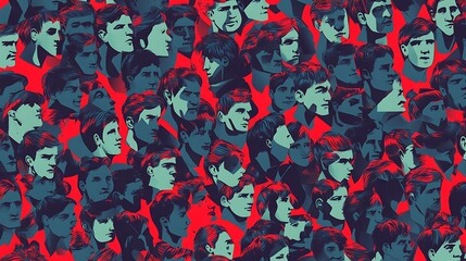 Poster - Many faces in teal and red.