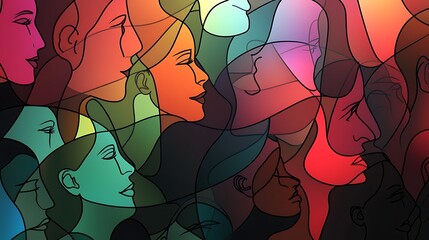 Poster - Many faces, colored outlines.