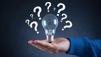 Poster - Businessman Holding Glowing Light Bulb with Question Marks, Creative Thinking, Problem Solving, Solution Concept, Innovation Idea