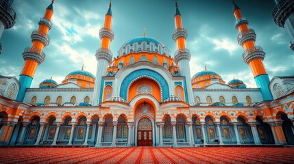 Majestic mosque with vibrant blue and orange domes under a dramatic sky.