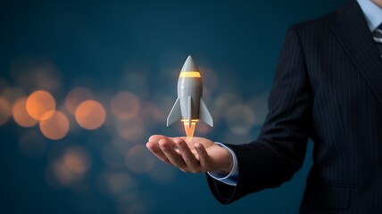 Poster - Businessman Touching Rocket Launch: Investment Growth, Startup Success, Corporate Planning, Leadership, Target Market