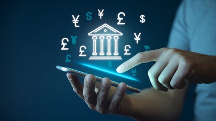 Poster - Businessman uses smartphone for global digital currency banking, analyzing virtual business data and financial investment charts