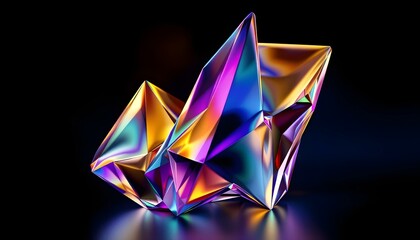 Poster - Abstract iridescent shape, colorful crystal, 3d render.  Glowing and holographic glass shapes isolated on black. Neon light Illuminated Futuristic technology design.