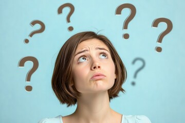 young woman with short brown hair and puzzled expression, looking up at a light blue background with