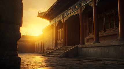 Poster - Front view of the Forbidden City in Beijing glowing softly under golden sunset light, with a regal and historical tone, in 4K resolution