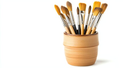 A collection of paintbrushes in a pot, showcasing various sizes and shapes, ideal for artists and creative projects.