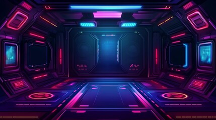 Poster - Neon futuristic corridor with doorways.