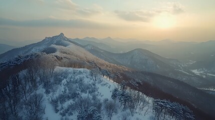 Poster - Aerial shot of the serene Taebaek Mountain Range covered in fresh snow, with soft light creating a peaceful winter scene, in 4K resolution