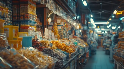 Poster - Front view of the traditional market stalls of Gwangjang Market, with colorful foods displayed vibrantly under soft light, in 4K resolution