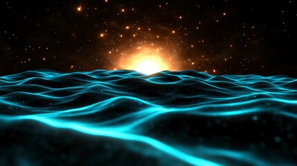 Wall Mural - Celestial Waves Abstract Ocean Sunrise with Glowing Particles