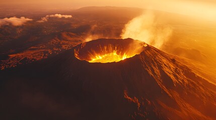 Fototapete - Aerial shot of Mount Etna in Sicily, with its dramatic volcanic crater glowing under soft golden light, in 4K resolution