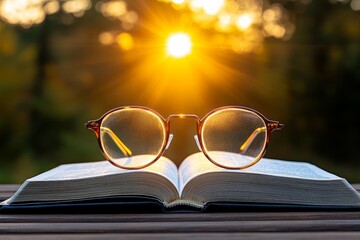 Poster - A close-up of a pair of vintage round glasses resting on an open book, with sunlight streaming through a nearby window