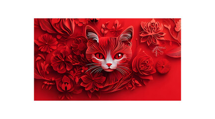 A vibrant red illustration featuring a cat's face surrounded by intricately designed flowers, creating a striking visual impact.