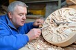 © Thanyarat - A craftsman carving wooden gears for a custom clock, with tools and wood shavings scattered on a rustic workbench