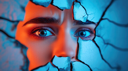 Poster - Dementia, A close-up of a person's face peering through cracked, colorful walls, evoking a sense of emotion and vulnerability.