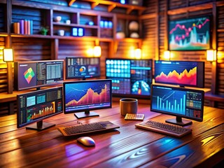 Poster - Tilt-Shift Wooden Room Data Center - Miniature Computer Screens, Graphs, Analytics, Workstation