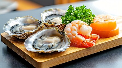 A seafood spread of oysters, scallops, and shrimp on a bamboo serving tray with light garnish.