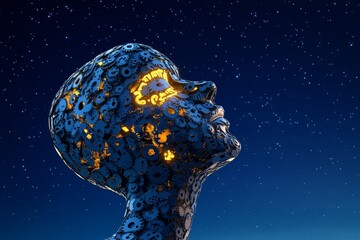 Aufkleber - A digital painting of a glowing head-shaped structure made of gears, set against a starry night sky to symbolize futuristic thinking