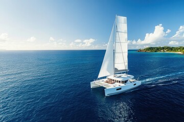 sleek modern catamaran sailing over calm blue waters caribbean sea aerial view travel adventure mari